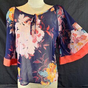 Express Women's Semi Sheer Floral Kimono Bell Sleeve Blouse Size XS
